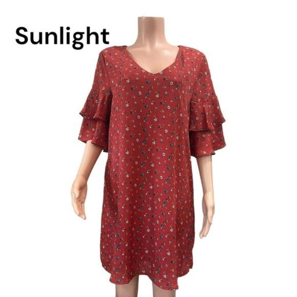 She + Sky Women SZ Large Maroon Floral Multi Mini Dress-Bell Sleeve-Pullover - Picture 1 of 13